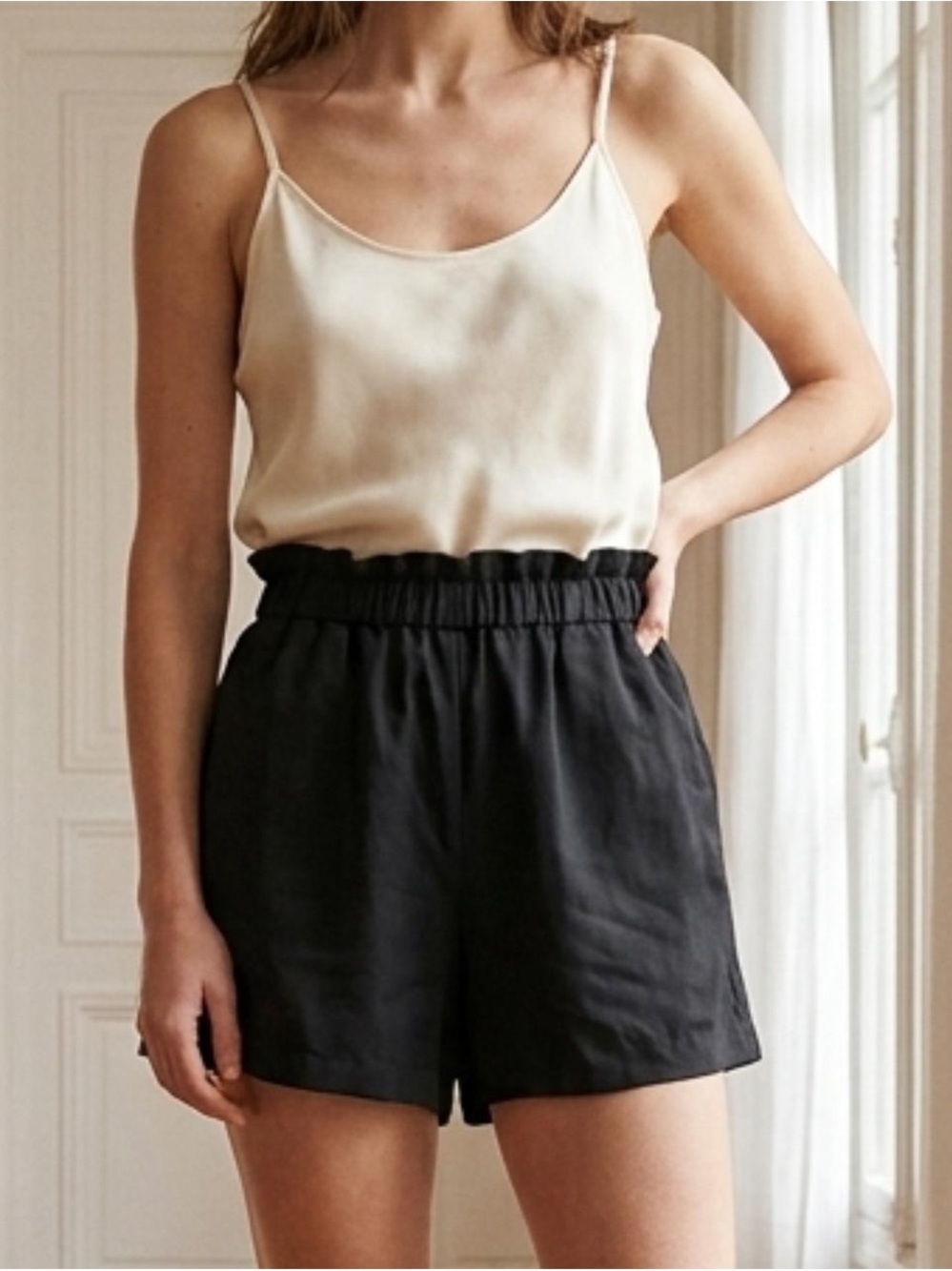H&M Black High-Waist Paperbag Shorts